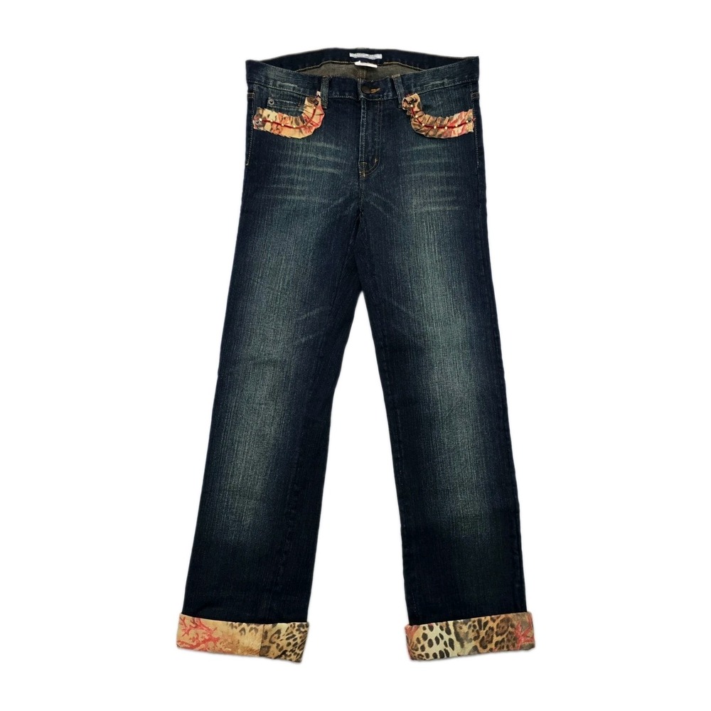 Alberto Makali Womens Leopard Floral Ruffle Cuffed Jeans Dark Wash Size 4